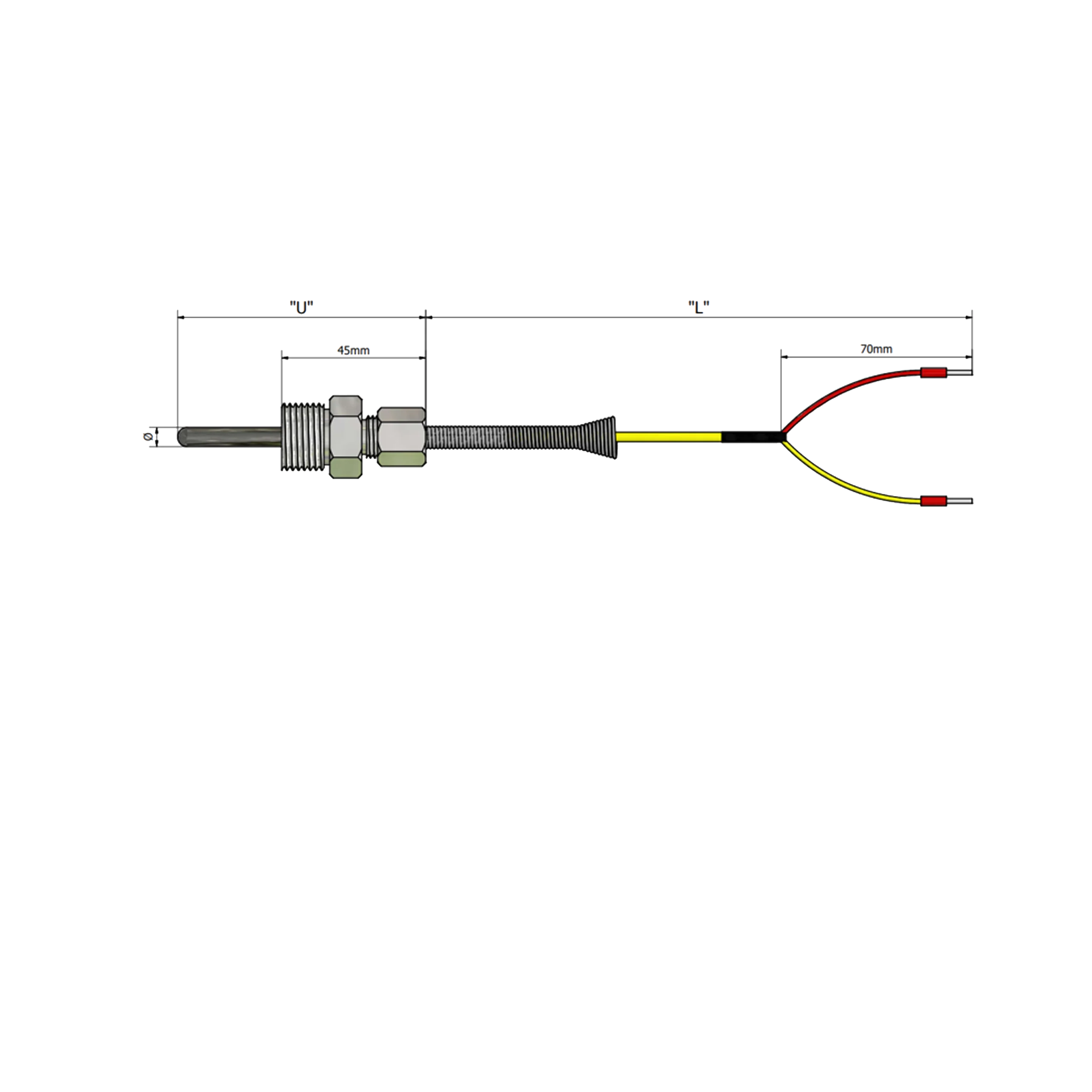SCTL – Termopar com haste inox cravado em cabo de sinal, mola de conformação e bucim de fixação e ajuste ao processo – até 300°C
